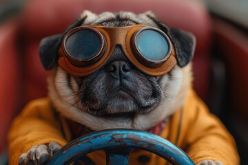 whimsical pug wearing vintage aviator goggles driving a retro pedal car closeup shot emphasizing the dogs expressive face vibrant colors playful atmosphere