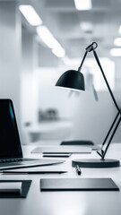 Poster - A desk with a lamp and laptop on it in the office, AI