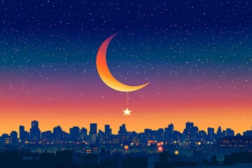 Canvas Print - Crescent Moon and Star Urban Twilight Islam Religion Spiritual Symbol - Generative AI