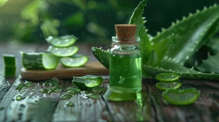 Aloe vera essential oil and aloevera gel with cactus green leaf on wood table background.