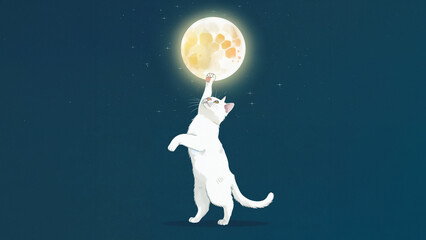 Wall Mural - A white cat playfully reaches up to touch a glowing full moon, creating a whimsical and magical scene.