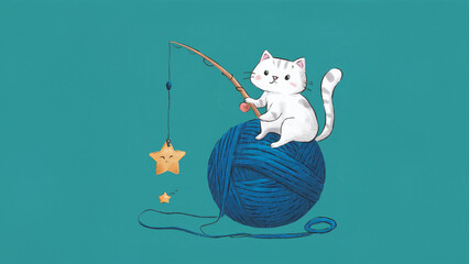 Wall Mural - A white cat playfully sits on a large blue ball of yarn, fishing for stars with a toy rod.