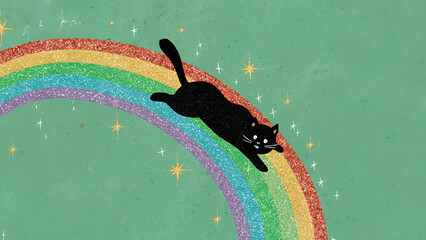 Wall Mural - A black cat joyfully slides down a colorful rainbow, surrounded by sparkling stars.