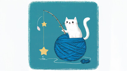 Wall Mural - A white cat sits on a large blue ball of yarn, playfully fishing for stars with a toy rod.