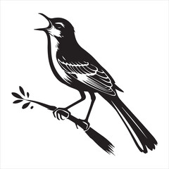 northern mockingbird clipart, northern mockingbird silhouette, bird illustration in black and white