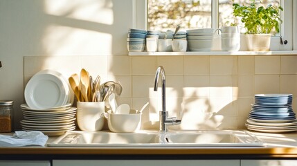 Poster - Neat and tidy kitchen showcasing organized dishes by a sunlit window. White and blue dinnerware collection for a minimalist style. Perfect shot for home decor or kitchen appliance advertisements. AI