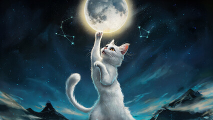 Wall Mural - A white cat reaching out to touch the moon in a starry night sky, capturing a sense of wonder and magic in a beautiful fantasy illustration.