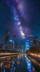 A vibrant city skyline at night, skyscrapers reflecting off a river below, with the Milky Way arching above in a stunning blend of urban glow and cosmic wonder.