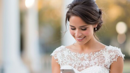 Smiling Woman With Curly Hair Holding Smartphone in Urban Setting During Daylight