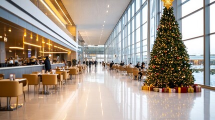 Poster - airport food court with festive Christmas decorations, people dining and a large decorated tree nearby 