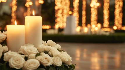 Canvas Print - An elegant memorial site on All Saints' Day with white roses, candles, and a serene backdrop, creating a sense of peace and remembrance 