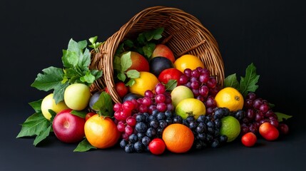 Wall Mural - Artistic cornucopia arrangement with vibrant produce, against a dark background for dramatic contrast, closeup, rich colors 