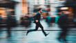© BetterPhoto - A man in a suit running fast through a blurred cityscape, representing the concept of urgency and a busy lifestyle.