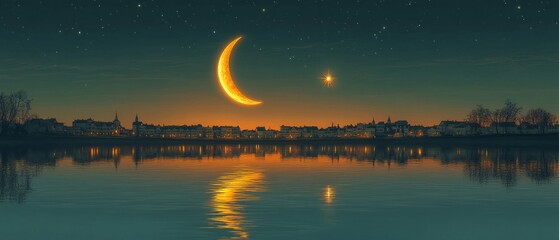 Poster - Crescent Moon and Star Seaside Night Islam Religion Spiritual Symbol - Generative AI