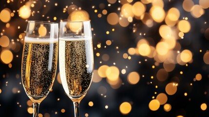 Wall Mural - champagne glasses clinking together with golden fireworks in the background, elegant celebration atmosphere, black and gold color scheme 