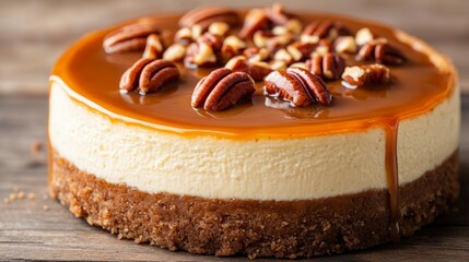 Poster - Close-up of a caramel apple cheesecake, topped with a drizzle of caramel sauce and chopped pecans, on a rustic table 