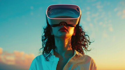 Aufkleber - Woman with VR glasses portrait - Captivating image against sky-blue backdrop, curiosity and fascination