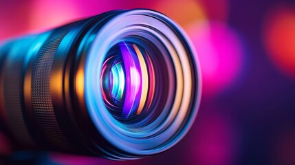 Sticker - Close-up of a projector lens with a rainbow light reflection, dark background highlighting the vibrant colors 