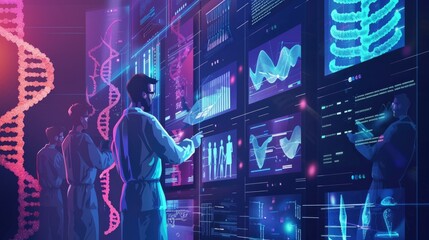 Poster - Researchers studying DNA sequences through a virtual lab interface. Emphasizing digital tools and technology in modern genetic research.