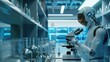 © Postproduction - Humanoid robot operating a microscope in a high-tech lab, representing advanced robotics and AI.