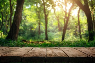 Empty wood table top with blur background of nature lush green forest with generative ai