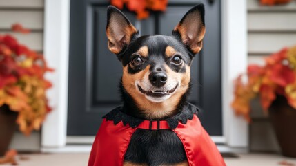 Poster - Closeup of a cute dog in a vampire costume, with a tiny cape and fangs, sitting on a decorated porch, isolated on a white background 