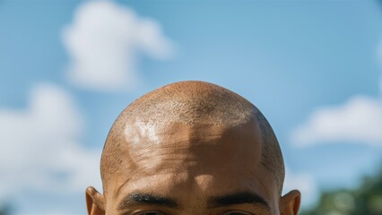 Canvas Print - A man with a shaved head and brown eyes looking at the camera, AI