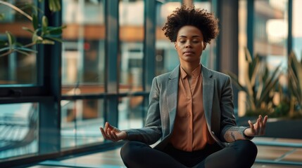 A woman meditating in office