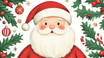 Poster - Closeup of a retro Christmas card with a nostalgic illustration of Santa Claus, surrounded by vintage holiday trinkets, isolated on a white background 