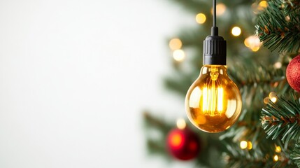 Sticker - Closeup of a vintage Christmas light bulb, glowing brightly on a decorated tree, surrounded by classic ornaments, isolated on a white background 