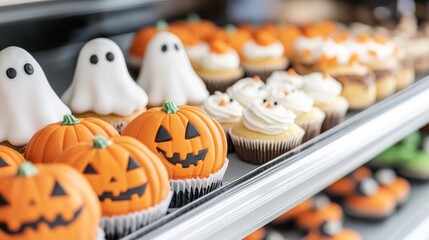 Sticker - Closeup of Halloween-themed baked goods in a supermarket bakery section, featuring pumpkin-shaped cookies, ghost cupcakes, and spooky cake pops 