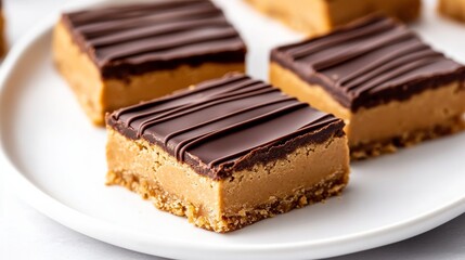 Poster - 'Closeup of homemade peanut butter bars with a chocolate drizzle on a white plate, school lunch setting' 