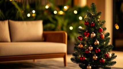 Poster - cozy beach bungalow interior decorated for Christmas, small Christmas tree with elegant ornaments, tropical accents, and warm lighting 