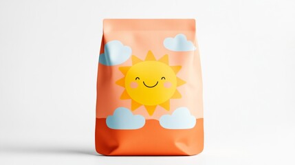 Cute baby food package design featuring a smiling sun and clouds, bright and happy colors, playful fonts, and a window to see the product, isolated on a white background 