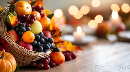 Canvas Print - Elegant cornucopia display on a Thanksgiving dining table, with rich autumn colors, candles, and festive decorations, wide angle 