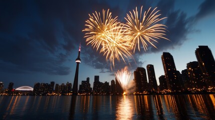 Poster - elegant New Year's Eve fireworks display over a city skyline, black and gold colors, wide-angle view 