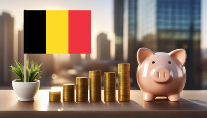 flag of Belgium and piggy bank with columns of coins,against blurry city buildings.Business,earnings,make money,finance and economy concept.