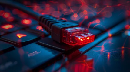 Aufkleber - A close-up image of a red Ethernet cable plugged into a keyboard with vibrant lighting effects. The image has a technological and futuristic style. Ideal for tech articles and web banners. AI