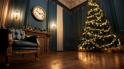 Poster - Elegant Victorian parlor with a Christmas tree, festive garlands, and a clock striking midnight, warm and cozy, wide angle 