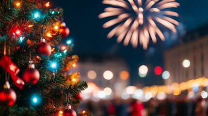 Canvas Print - Fireworks bursting above a beautifully decorated Christmas tree in a town square, crowd watching and celebrating, festive atmosphere, wide angle, bright and joyful 