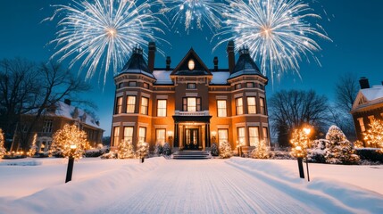 Canvas Print - Fireworks display over a grand Victorian mansion decorated for Christmas, with snow-covered gardens and festive lights, elegant and enchanting, wide angle 