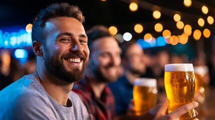 Wall Mural - Friends in traditional Bavarian attire, clinking beer steins and laughing at Oktoberfest, festive crowd around them 