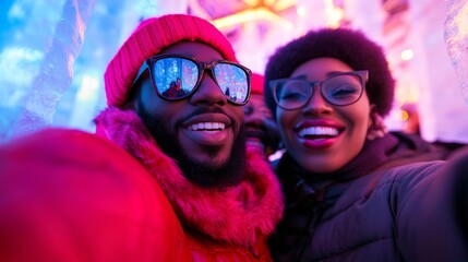 Wall Mural - Friends taking a selfie in an ice bar, surrounded by ice sculptures and vibrant lights, festive and joyful atmosphere 