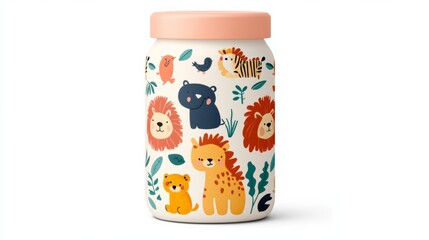 Fun baby food package design with a jungle theme, featuring cute animal illustrations, vibrant colors, and playful typography, isolated on a white background 