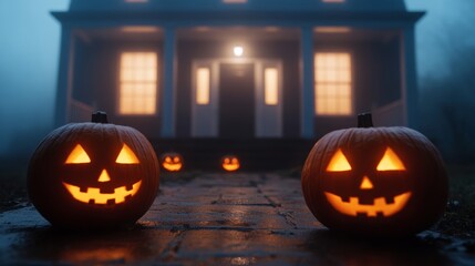 Sticker - Haunted house surrounded by thick fog, glowing jack-o'-lanterns on the front steps, spooky Halloween atmosphere 