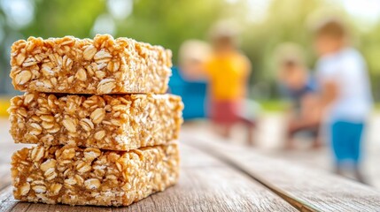 Poster - 'Healthy peanut butter bars with oats and honey on a school picnic table, kids playing in the background' 