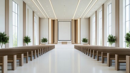 Poster - Interior of a modern church with a digital control panel for lighting and sound, large LED screens for displaying sermons, minimalist and elegant decor 