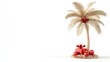 Isolated palm tree on a white background, decorated with shiny Christmas balls and tinsel 