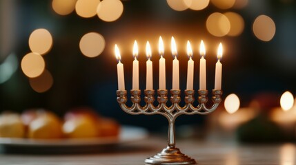 Wall Mural - Menorah with all candles lit, surrounded by Hanukkah decorations and traditional treats, warm and festive atmosphere, evening setting 