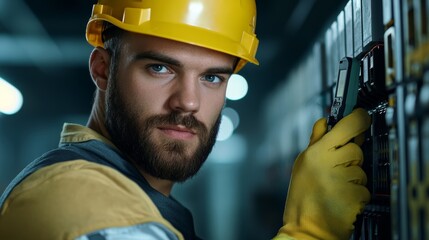 Repairman inspecting an electrical panel, using a multimeter, safety gloves and helmet on, industrial setting 